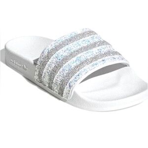 Adidas Adilette Slides, White Glitter, Women’s 8